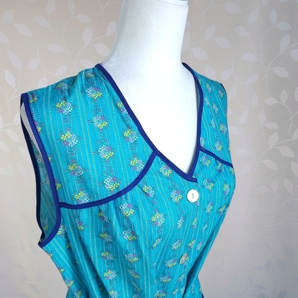 Vintage Cottagecore Floral Button Front Midi Dress Cerulean Blue Cotton V-Neck - Picture 7 of 15